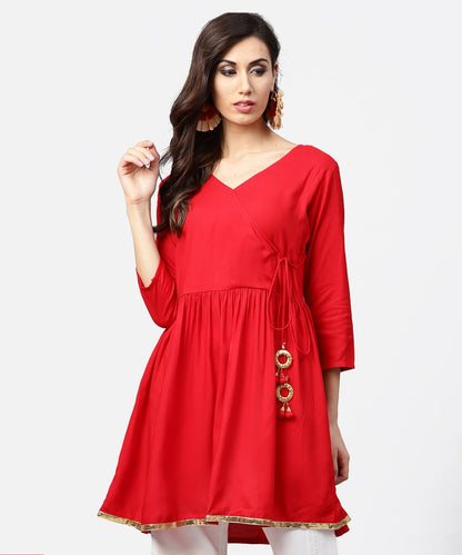Red 3/4Th Sleeve Angrakha Style Flared Tunic With Dori Work | LASVINI - Redefining Indian Fashion with Elegance