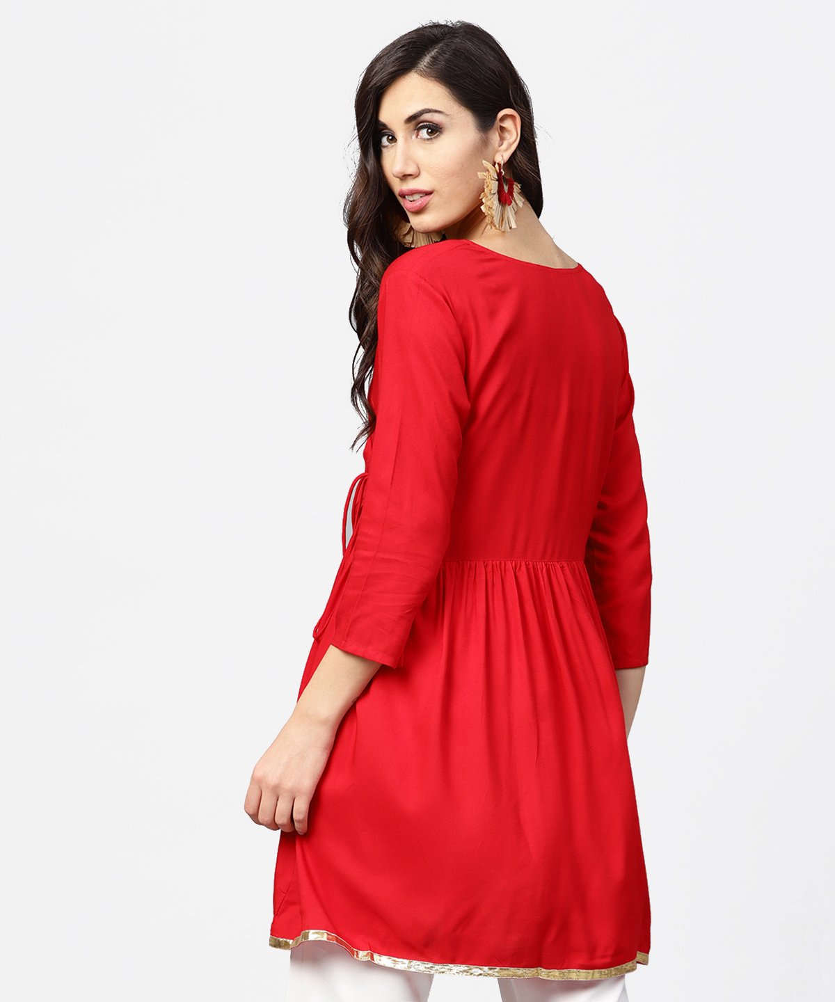 Red 3/4Th Sleeve Angrakha Style Flared Tunic With Dori Work | LASVINI - Redefining Indian Fashion with Elegance