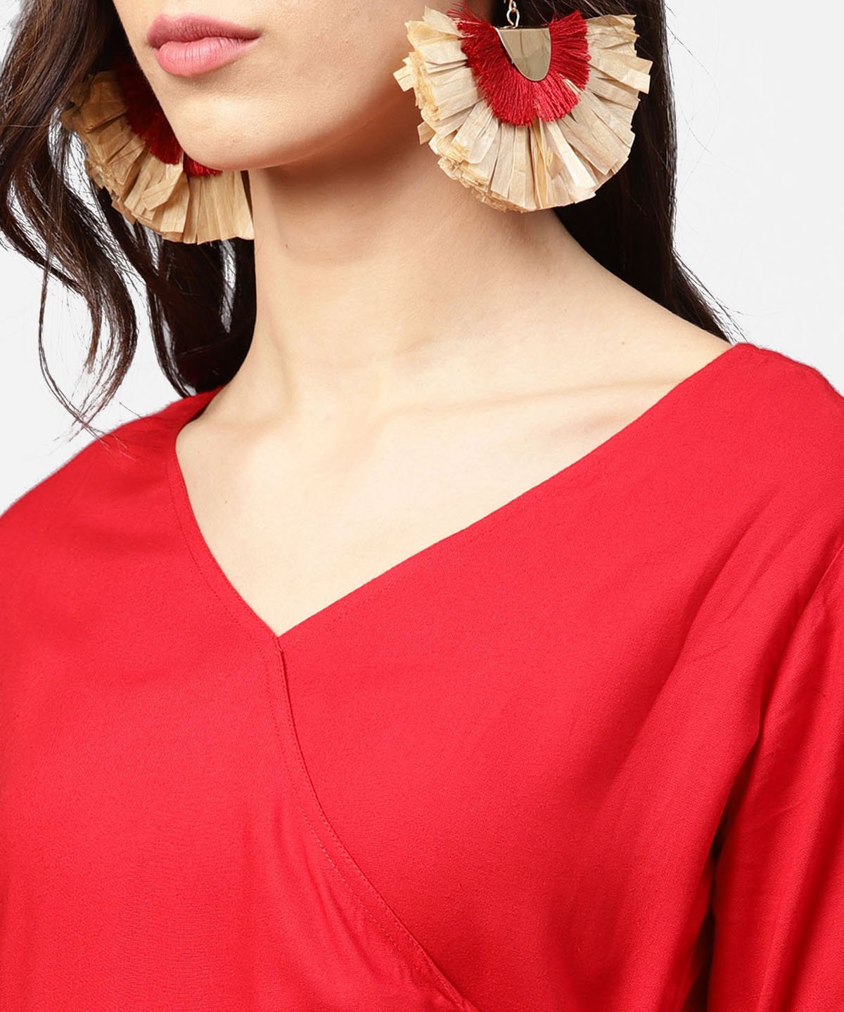 Red 3/4Th Sleeve Angrakha Style Flared Tunic With Dori Work | LASVINI - Redefining Indian Fashion with Elegance