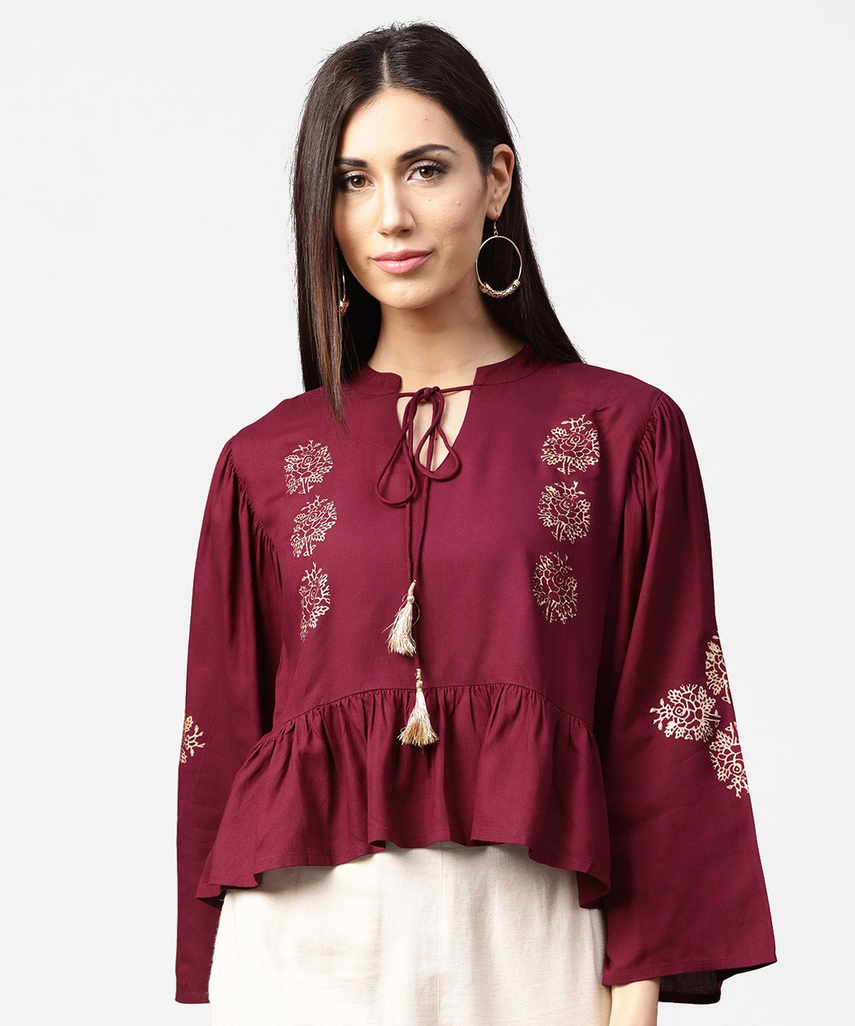 Maroon Full Sleeve Block Printed Crop Tops With Dori Work At Neck | LASVINI - Redefining Indian Fashion with Elegance