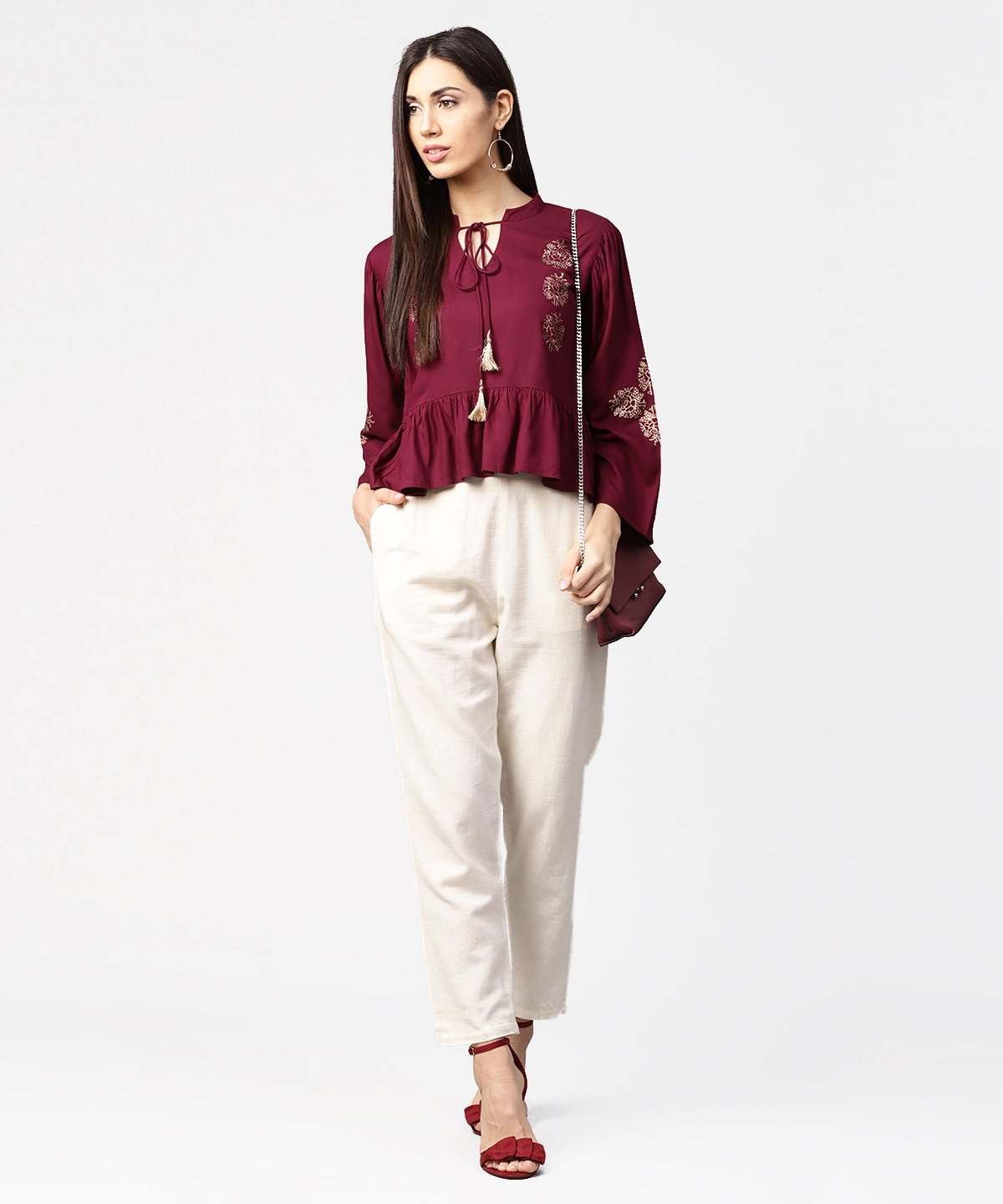 Maroon Full Sleeve Block Printed Crop Tops With Dori Work At Neck | LASVINI - Redefining Indian Fashion with Elegance