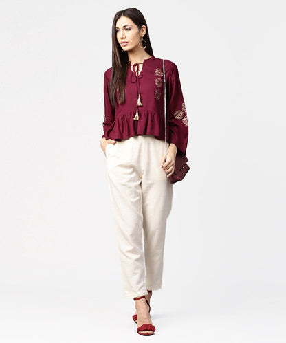 Maroon Full Sleeve Block Printed Crop Tops With Dori Work At Neck | LASVINI - Redefining Indian Fashion with Elegance