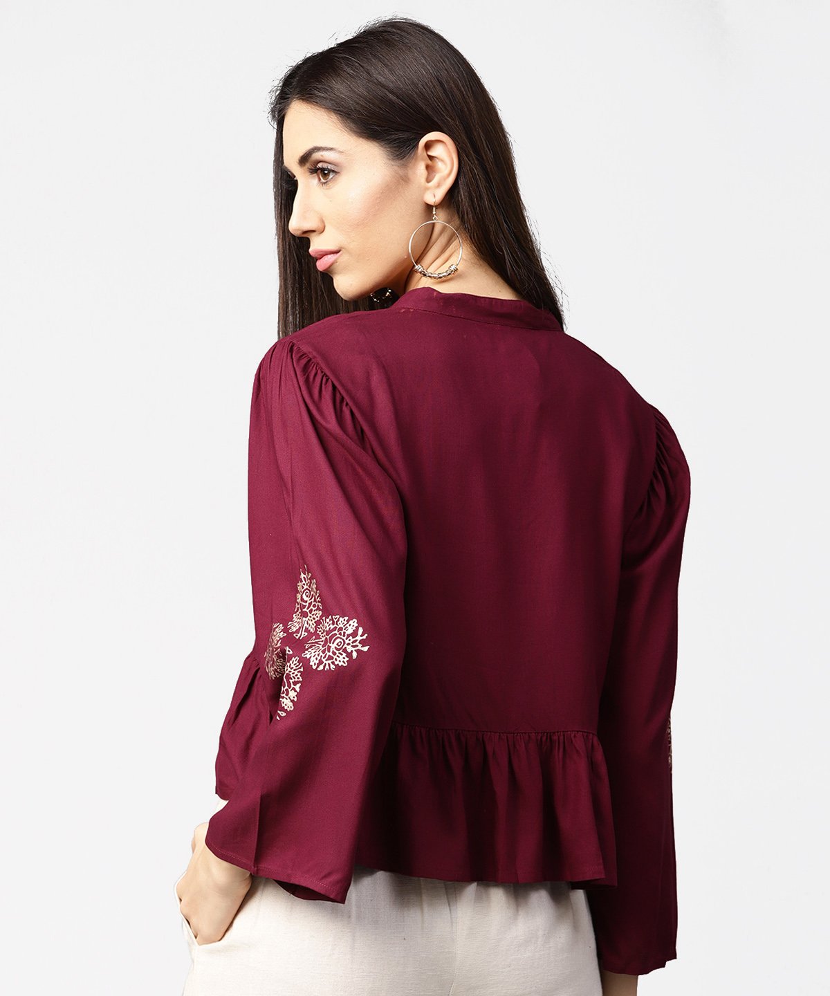 Maroon Full Sleeve Block Printed Crop Tops With Dori Work At Neck | LASVINI - Redefining Indian Fashion with Elegance
