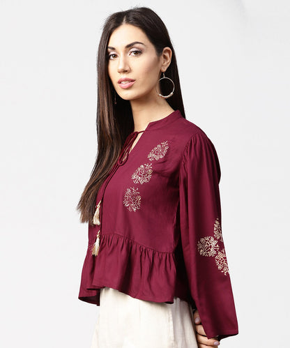 Maroon Full Sleeve Block Printed Crop Tops With Dori Work At Neck | LASVINI - Redefining Indian Fashion with Elegance