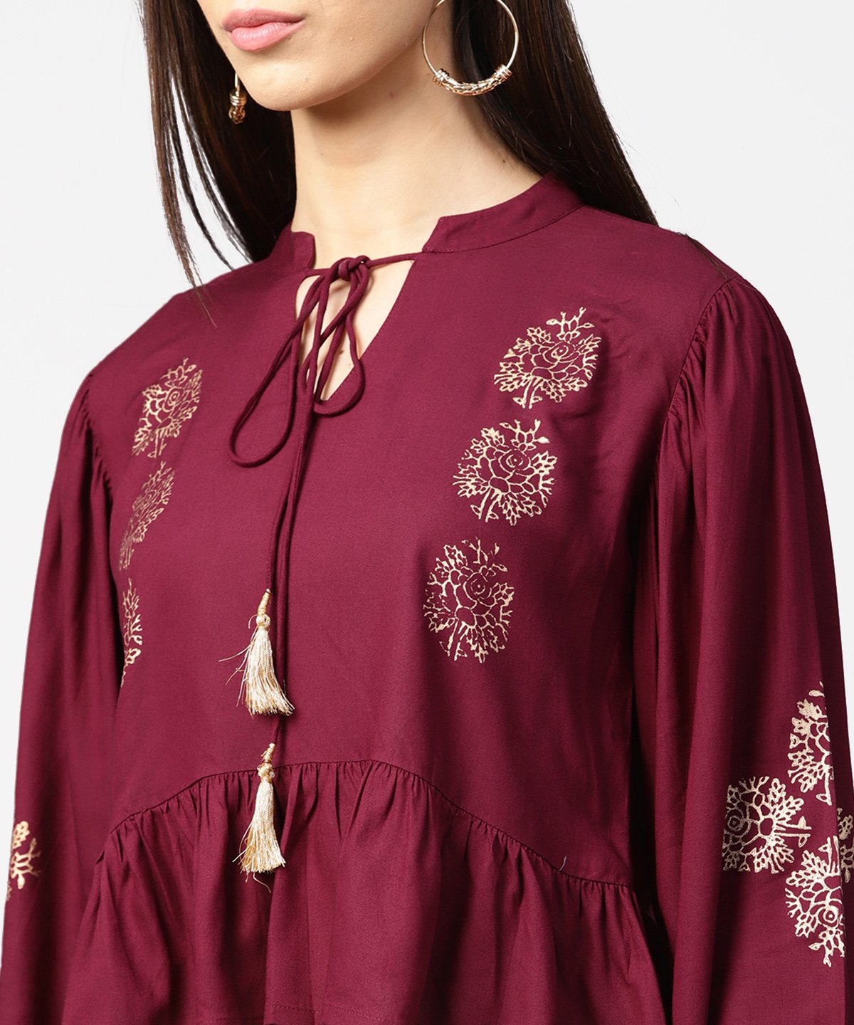 Maroon Full Sleeve Block Printed Crop Tops With Dori Work At Neck | LASVINI - Redefining Indian Fashion with Elegance