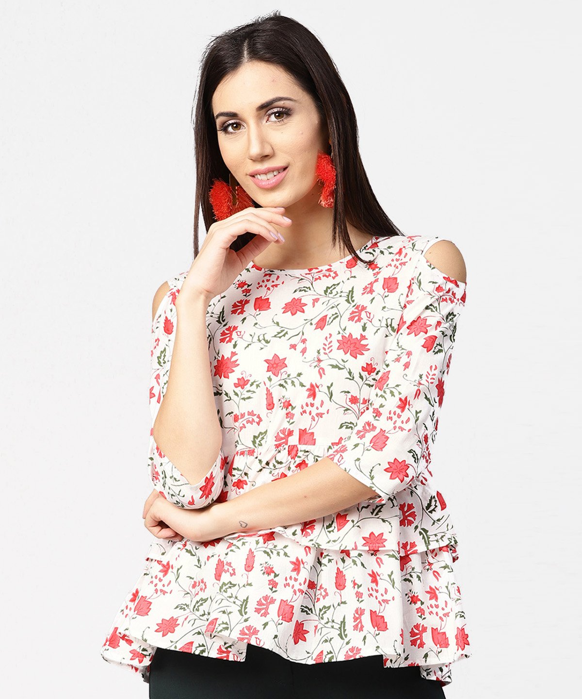 White & Red Printed 3/4Th Cold Shoulder Sleeve Layered Tops | LASVINI - Redefining Indian Fashion with Elegance