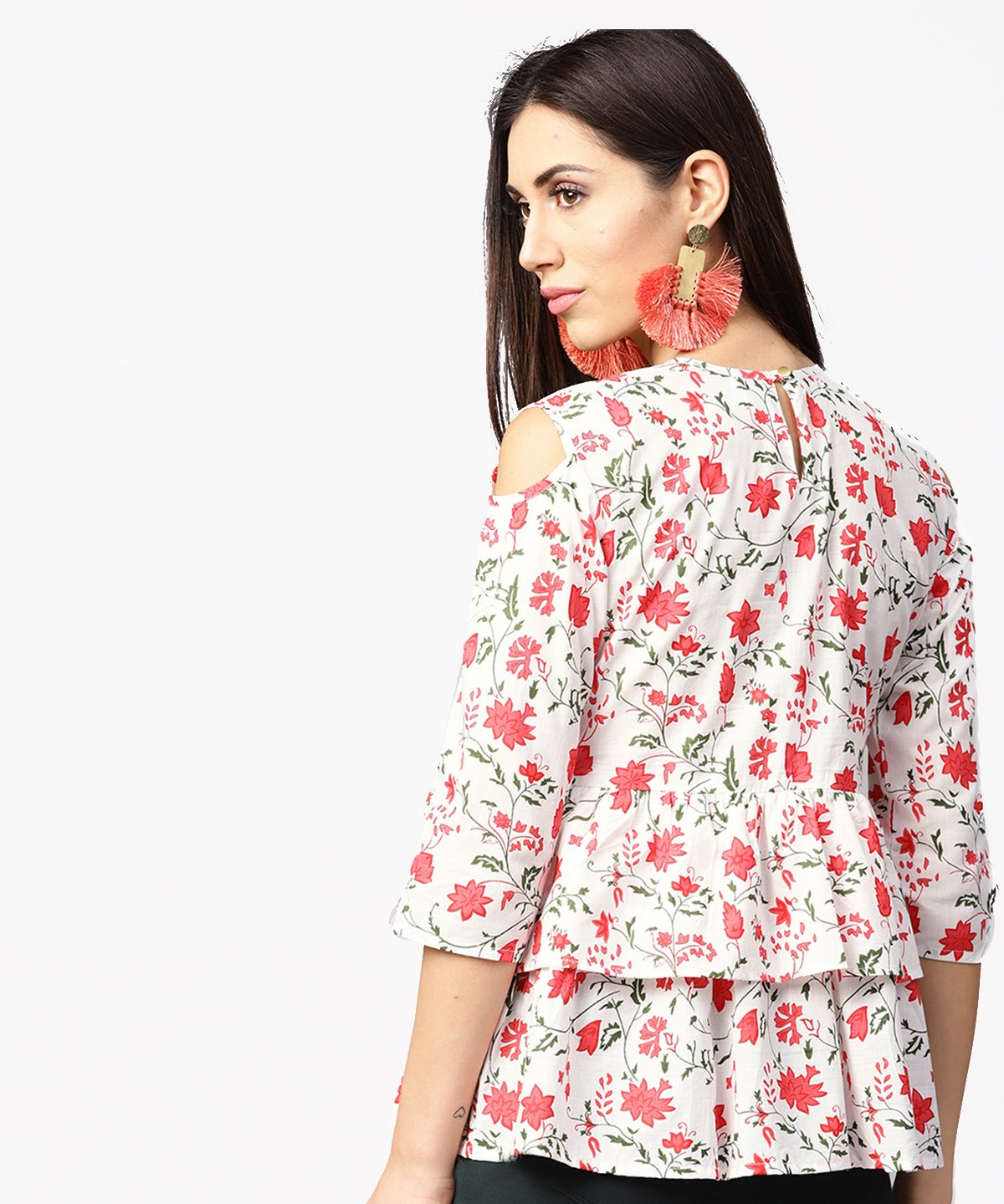 White & Red Printed 3/4Th Cold Shoulder Sleeve Layered Tops | LASVINI - Redefining Indian Fashion with Elegance