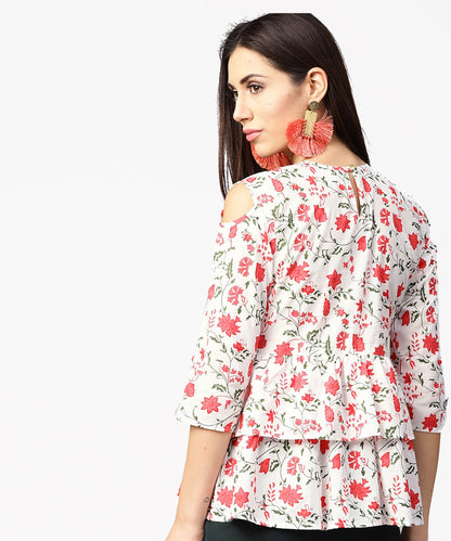 White & Red Printed 3/4Th Cold Shoulder Sleeve Layered Tops | LASVINI - Redefining Indian Fashion with Elegance