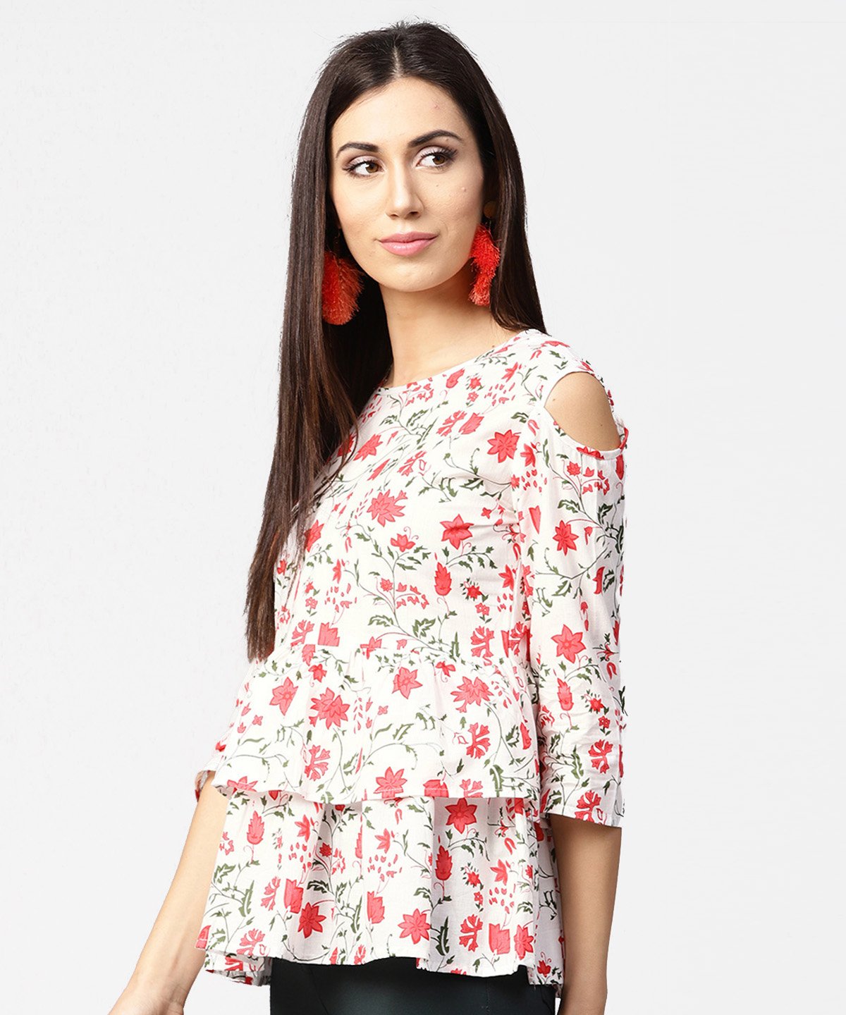 White & Red Printed 3/4Th Cold Shoulder Sleeve Layered Tops | LASVINI - Redefining Indian Fashion with Elegance