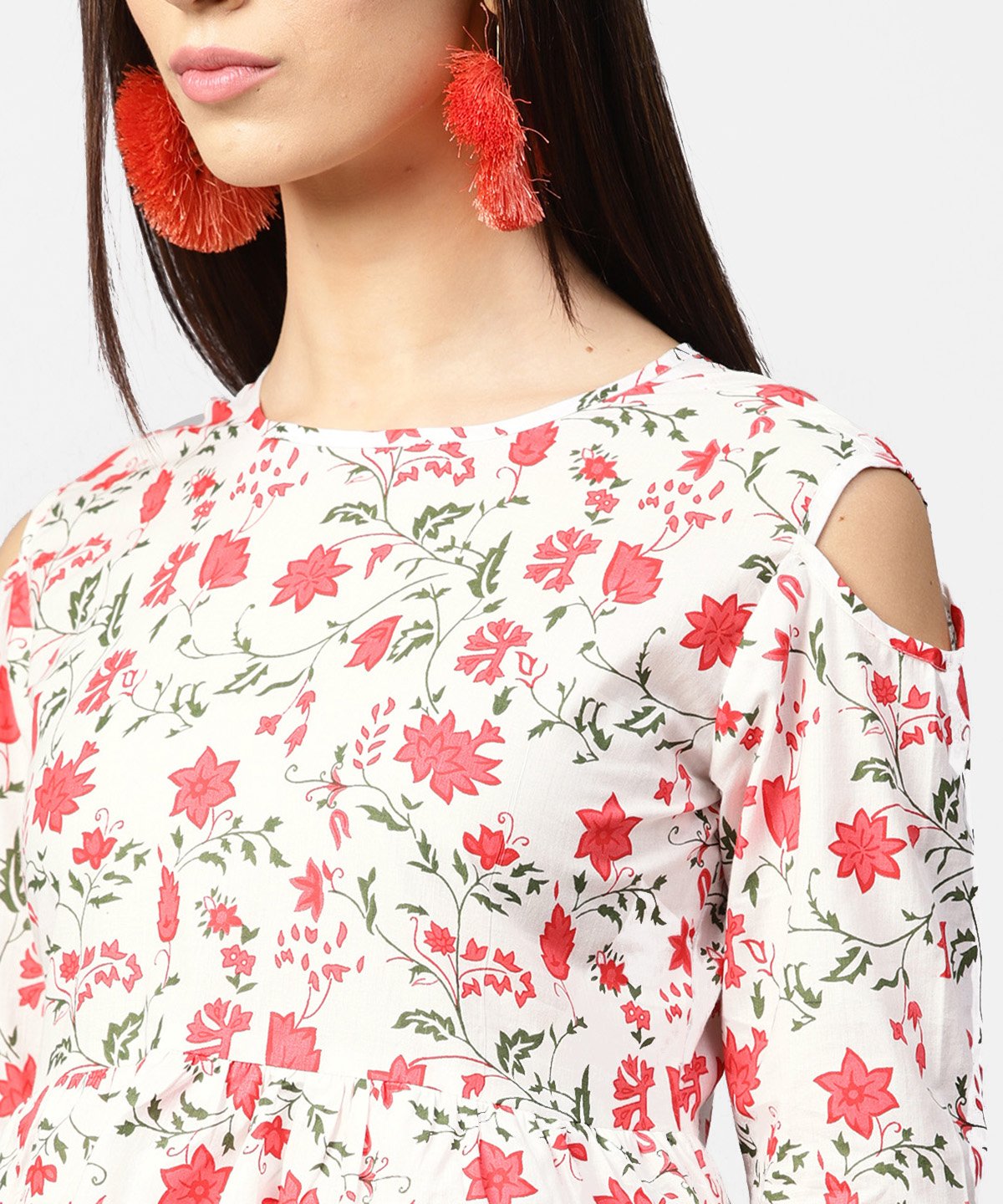 White & Red Printed 3/4Th Cold Shoulder Sleeve Layered Tops | LASVINI - Redefining Indian Fashion with Elegance