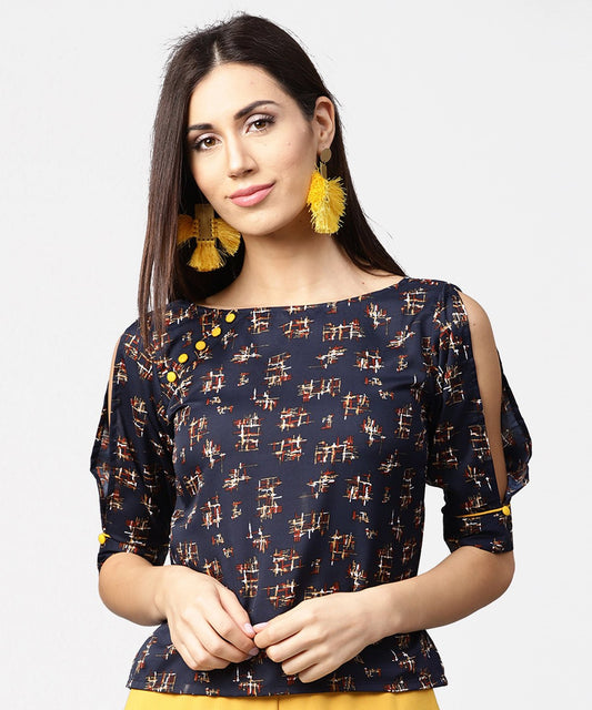 Dark Blue Printed 3/4Th Sleeve Crop Tops | LASVINI - Redefining Indian Fashion with Elegance