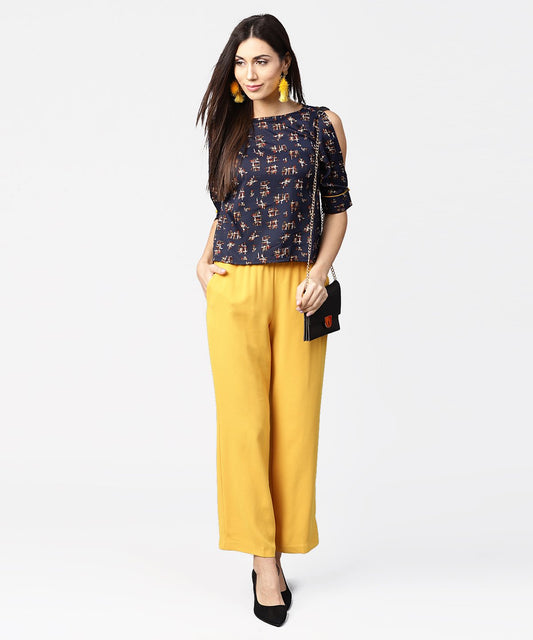 Dark Blue Printed 3/4Th Sleeve Crop Tops | LASVINI - Redefining Indian Fashion with Elegance