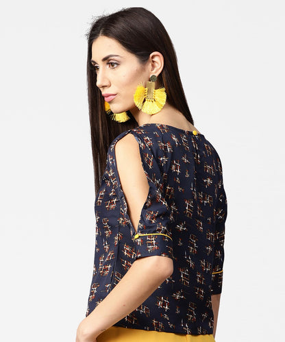 Dark Blue Printed 3/4Th Sleeve Crop Tops | LASVINI - Redefining Indian Fashion with Elegance