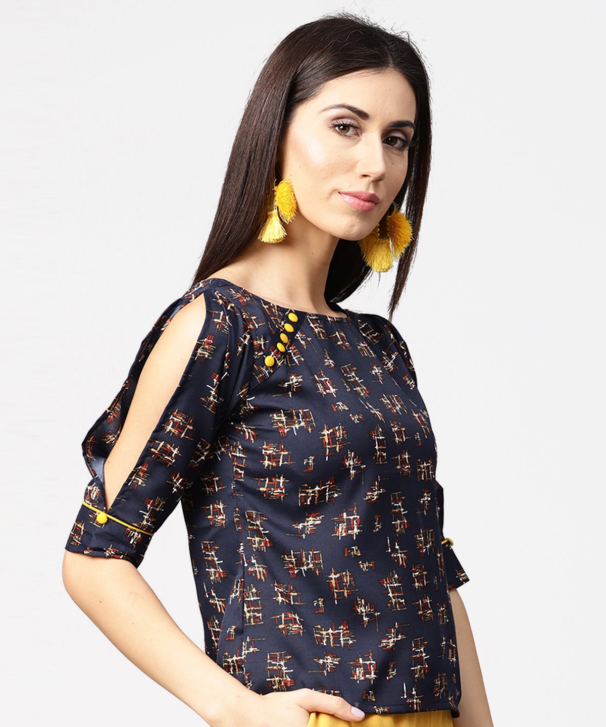 Dark Blue Printed 3/4Th Sleeve Crop Tops | LASVINI - Redefining Indian Fashion with Elegance