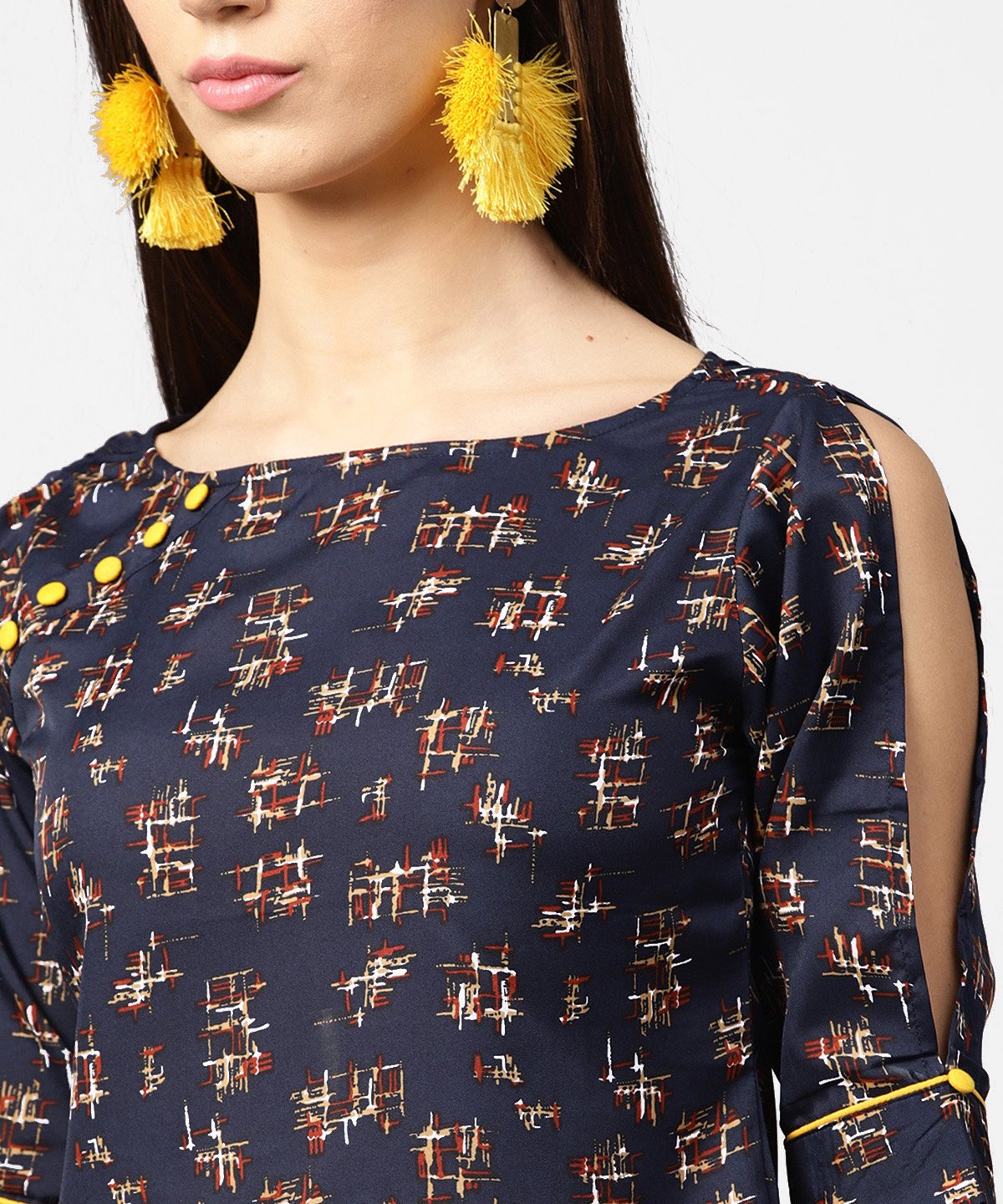 Dark Blue Printed 3/4Th Sleeve Crop Tops | LASVINI - Redefining Indian Fashion with Elegance