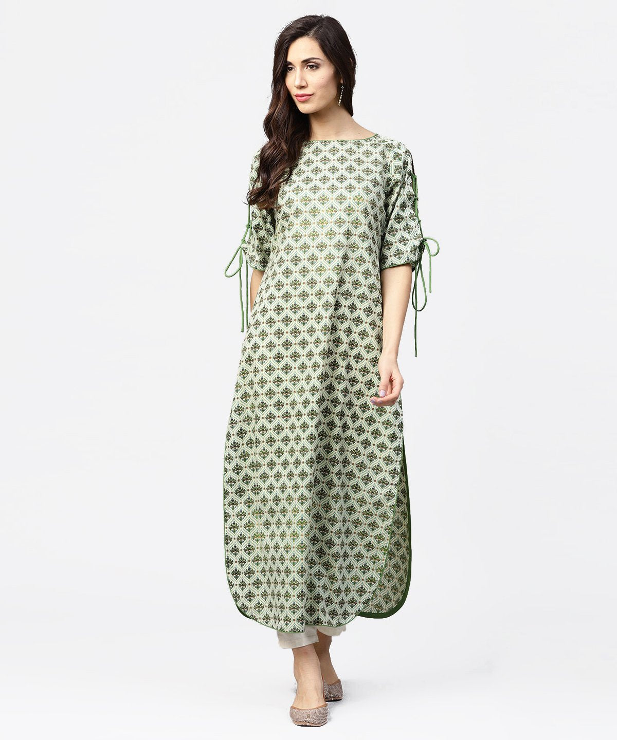 Green Printed Half Sleeve Cotton Kurta With Dori Work On Sleeves | LASVINI - Redefining Indian Fashion with Elegance