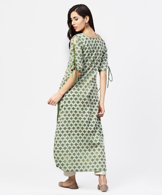 Green Printed Half Sleeve Cotton Kurta With Dori Work On Sleeves | LASVINI - Redefining Indian Fashion with Elegance