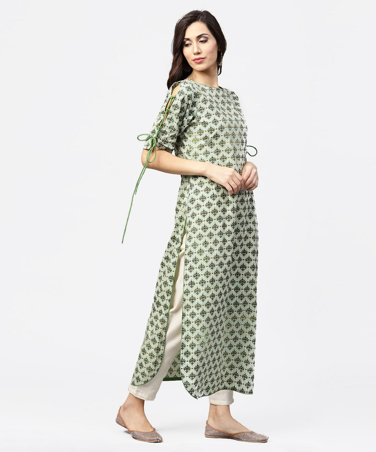 Green Printed Half Sleeve Cotton Kurta With Dori Work On Sleeves | LASVINI - Redefining Indian Fashion with Elegance