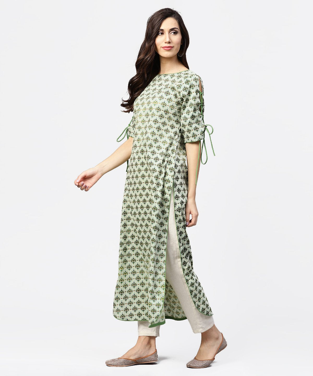 Green Printed Half Sleeve Cotton Kurta With Dori Work On Sleeves | LASVINI - Redefining Indian Fashion with Elegance