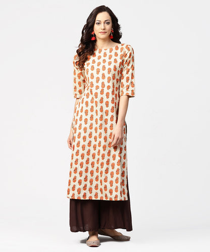 Off White Printed Half Sleeve Cotton Straight Kurta | LASVINI - Redefining Indian Fashion with Elegance