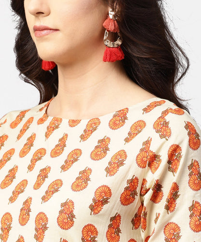 Off White Printed Half Sleeve Cotton Straight Kurta | LASVINI - Redefining Indian Fashion with Elegance