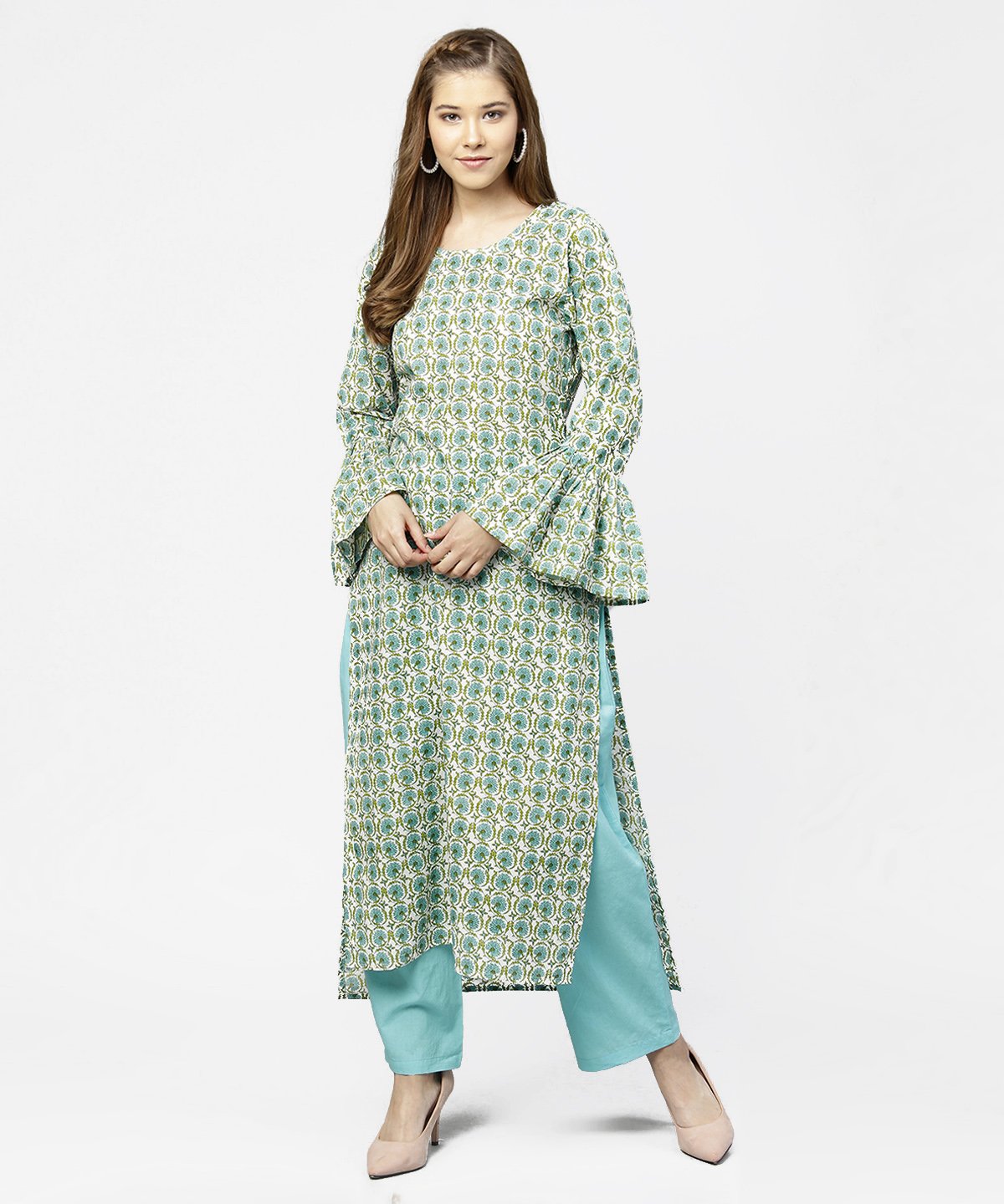 Green Printed Full Sleeve Cotton Long Straight Kurta | LASVINI - Redefining Indian Fashion with Elegance