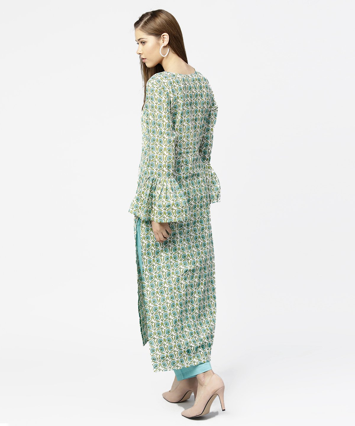 Green Printed Full Sleeve Cotton Long Straight Kurta | LASVINI - Redefining Indian Fashion with Elegance