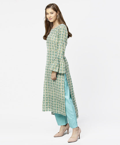 Green Printed Full Sleeve Cotton Long Straight Kurta | LASVINI - Redefining Indian Fashion with Elegance