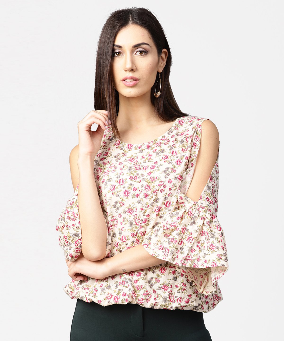 Off White Full Sleeve Cold Shoulder Cotton Tops | LASVINI - Redefining Indian Fashion with Elegance