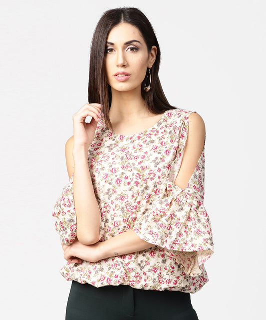 Off White Full Sleeve Cold Shoulder Cotton Tops | LASVINI - Redefining Indian Fashion with Elegance