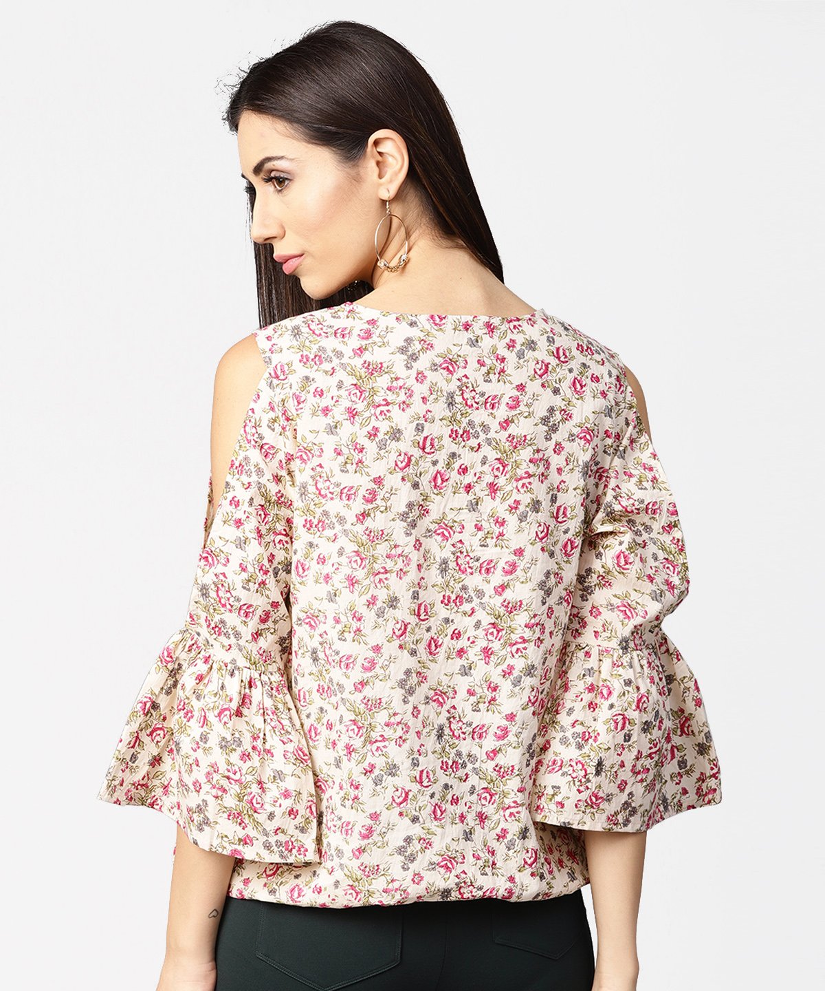 Off White Full Sleeve Cold Shoulder Cotton Tops | LASVINI - Redefining Indian Fashion with Elegance