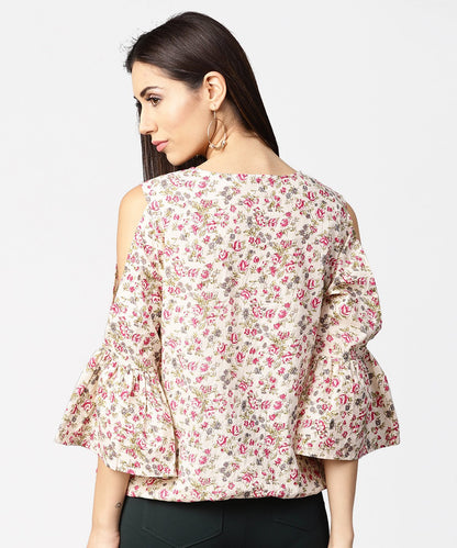 Off White Full Sleeve Cold Shoulder Cotton Tops | LASVINI - Redefining Indian Fashion with Elegance