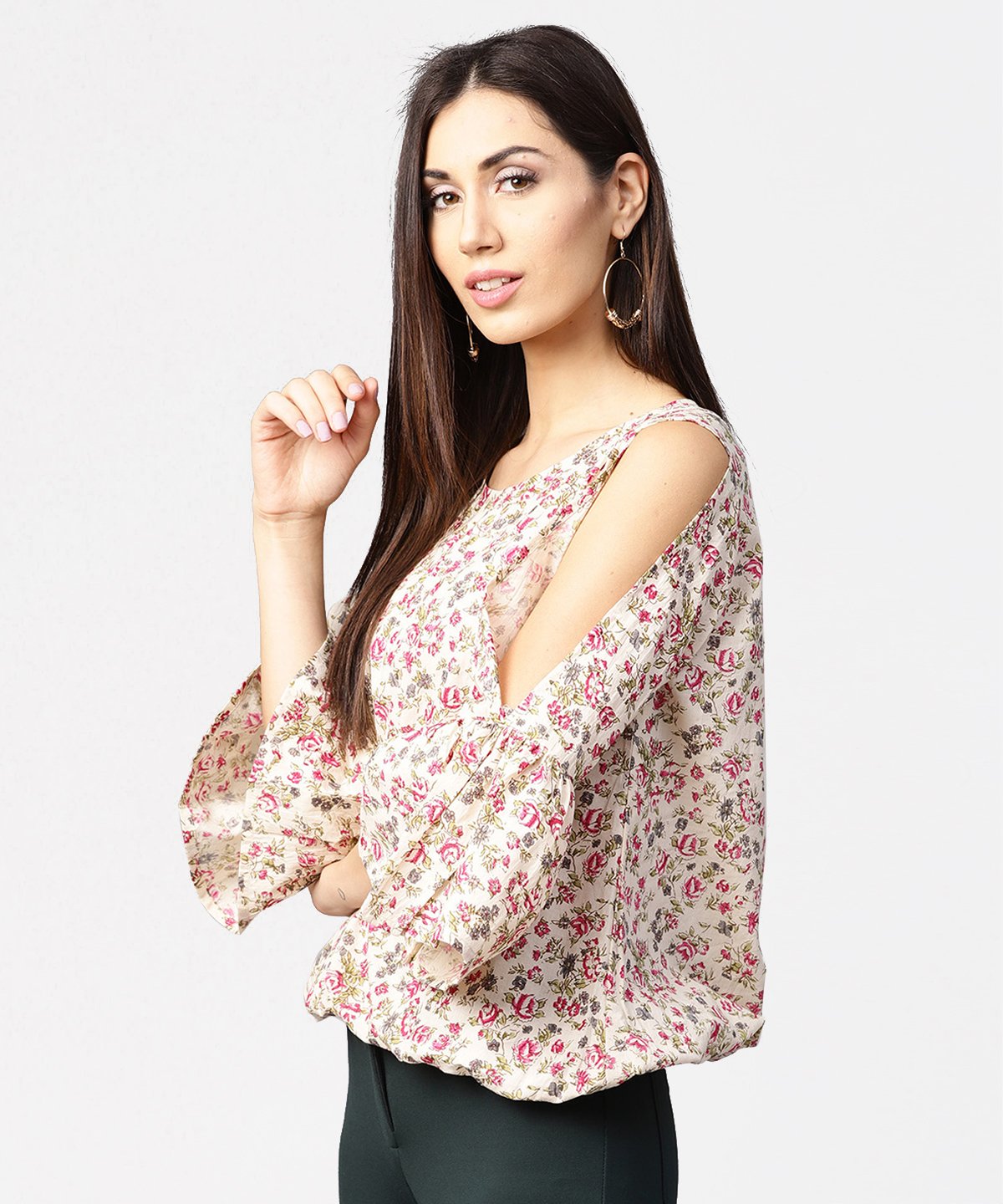 Off White Full Sleeve Cold Shoulder Cotton Tops | LASVINI - Redefining Indian Fashion with Elegance