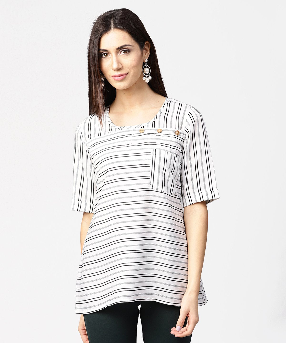 Off White Striped Half Sleeve Crepe Top | LASVINI - Redefining Indian Fashion with Elegance