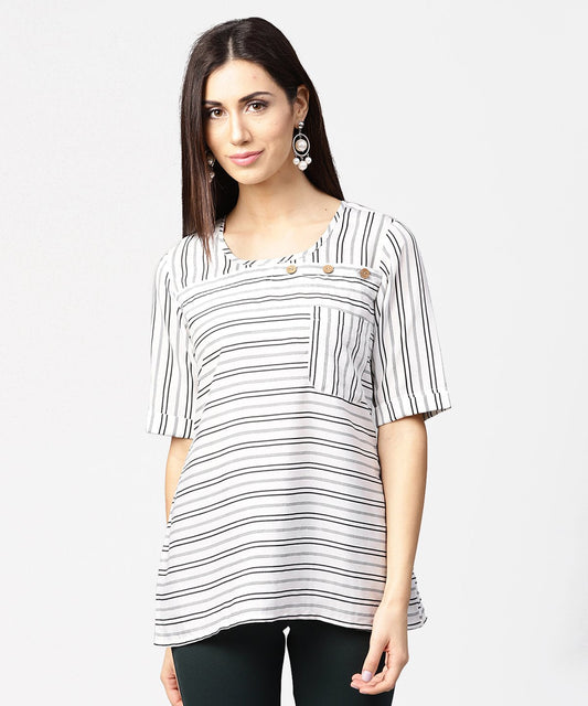 Off White Striped Half Sleeve Crepe Top | LASVINI - Redefining Indian Fashion with Elegance