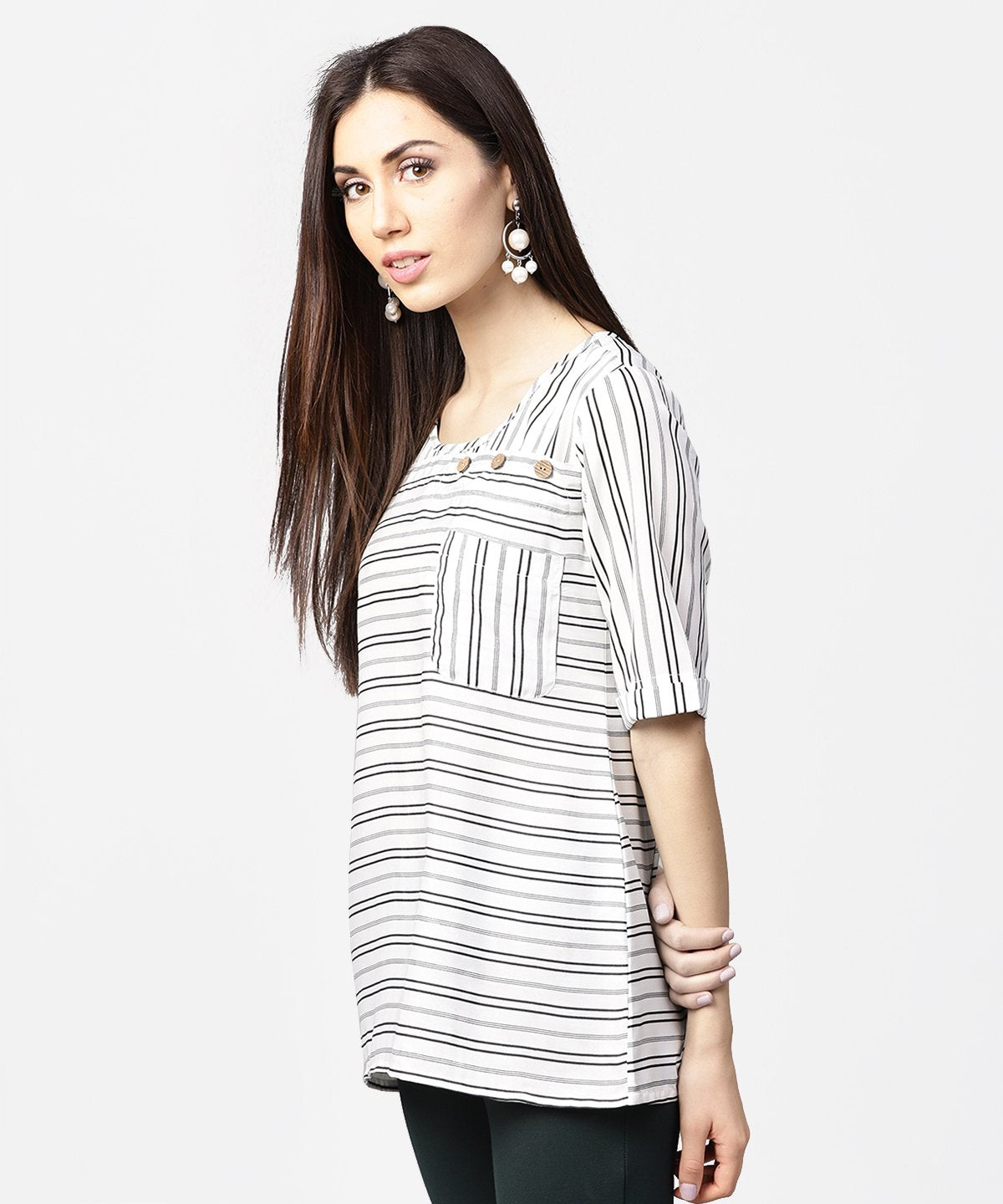 Off White Striped Half Sleeve Crepe Top | LASVINI - Redefining Indian Fashion with Elegance