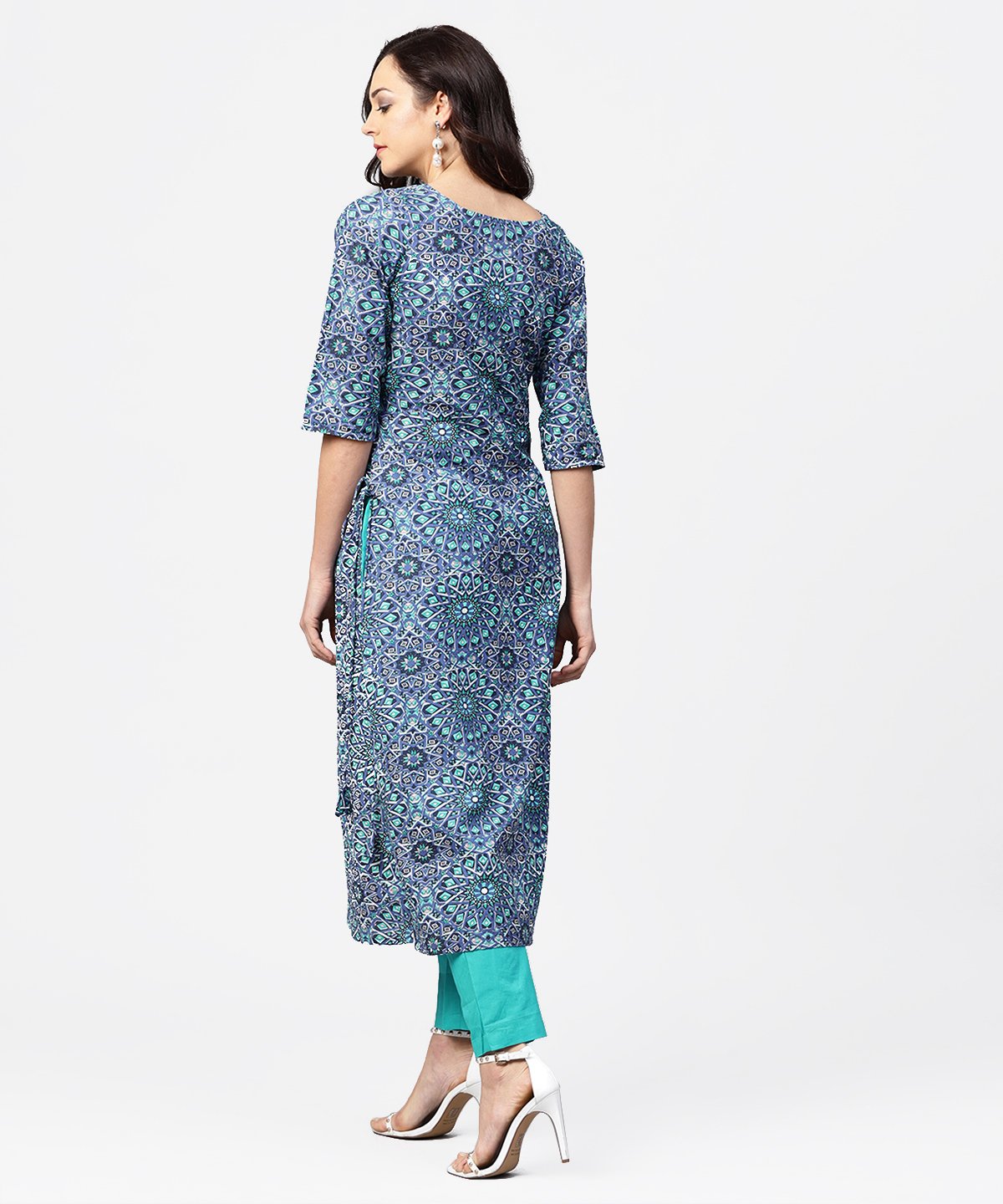 Blue Geometric Print 3/4Th Sleeve Cotton Straight Kurta | LASVINI - Redefining Indian Fashion with Elegance