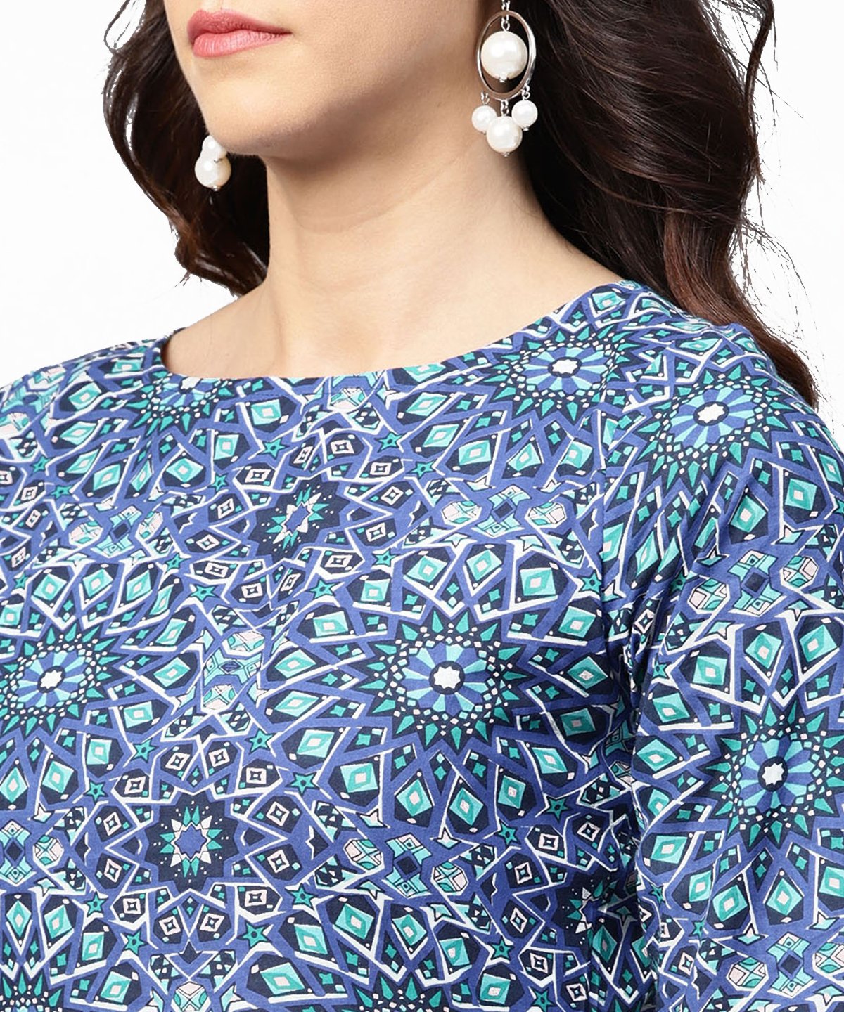 Blue Geometric Print 3/4Th Sleeve Cotton Straight Kurta | LASVINI - Redefining Indian Fashion with Elegance