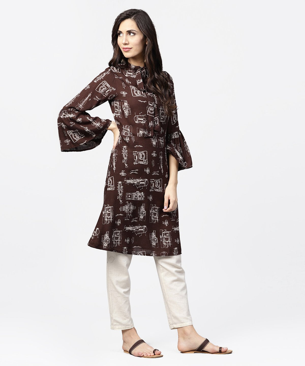 Dark Coffee Printed Half Sleeve Cotton Kurta | LASVINI - Redefining Indian Fashion with Elegance