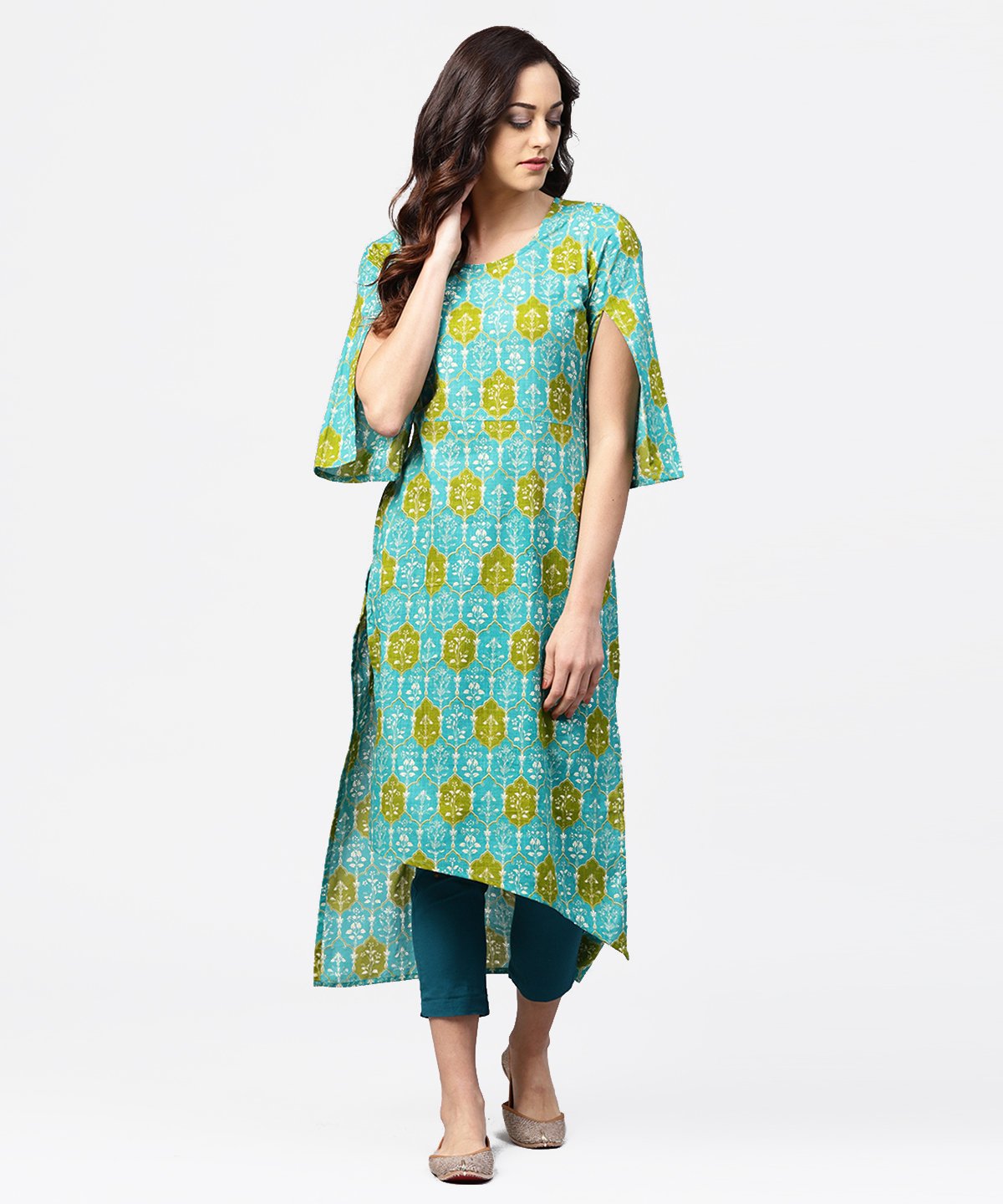 Blue Printed 3/4Th Sleeve Cotton Kurta | LASVINI - Redefining Indian Fashion with Elegance
