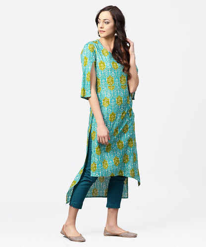 Blue Printed 3/4Th Sleeve Cotton Kurta | LASVINI - Redefining Indian Fashion with Elegance