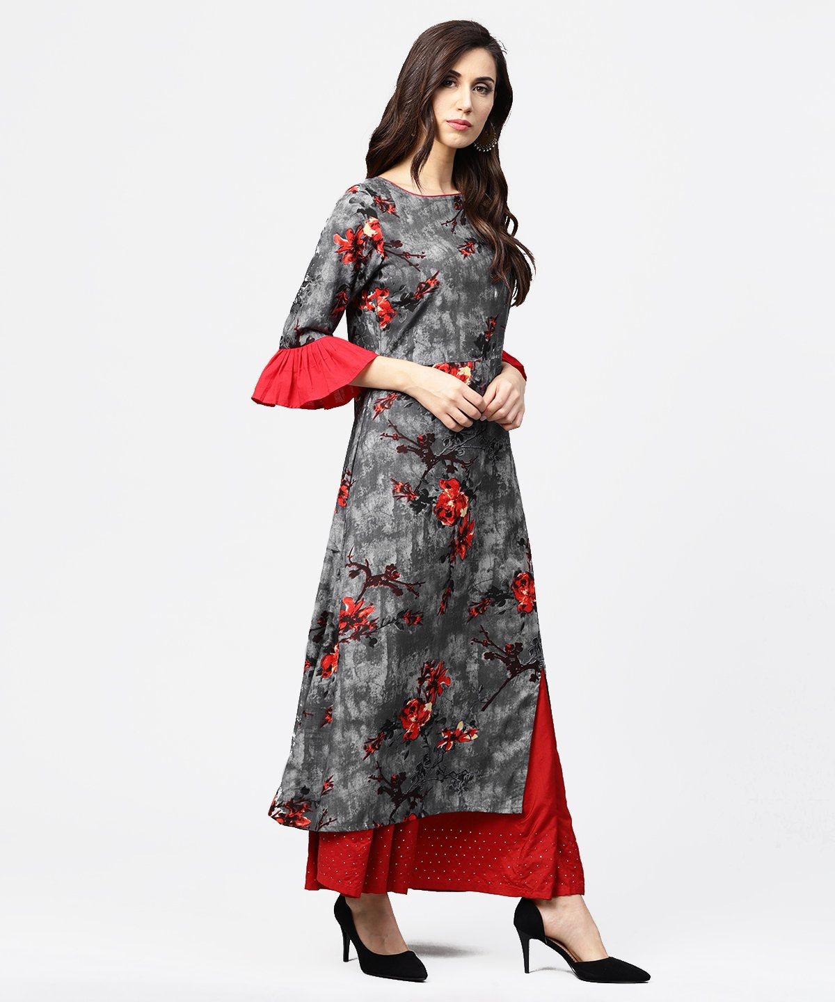 Dark Grey 3/4Th Sleeve Cotton Straight Kurta | LASVINI - Redefining Indian Fashion with Elegance