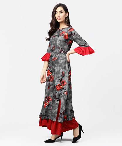 Dark Grey 3/4Th Sleeve Cotton Straight Kurta | LASVINI - Redefining Indian Fashion with Elegance