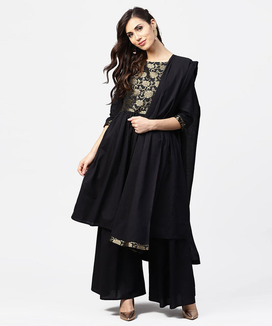 Black 3/4Th Sleeve Cotton Anarkali Kurta With Brocade At Yoke With Ankle Length Palazzo & Dupatta | LASVINI - Redefining Indian Fashion with Elegance