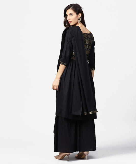 Black 3/4Th Sleeve Cotton Anarkali Kurta With Brocade At Yoke With Ankle Length Palazzo & Dupatta | LASVINI - Redefining Indian Fashion with Elegance