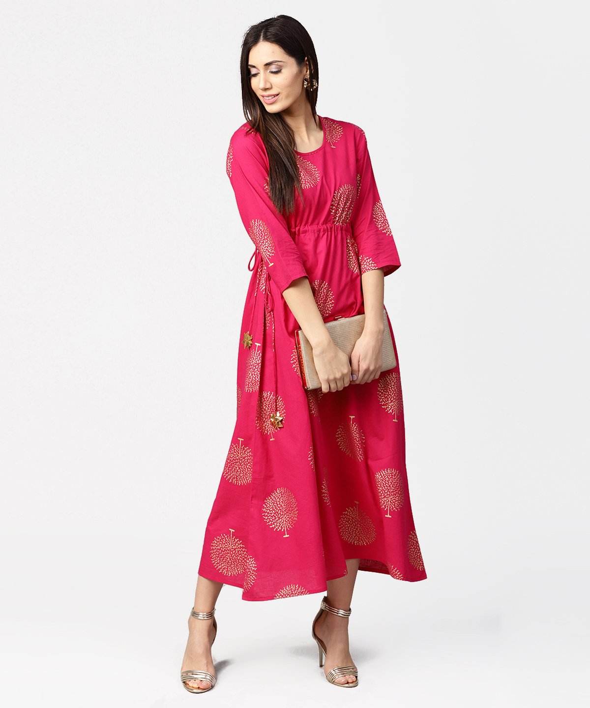 Red 3/4Th Sleeve Cotton Maxi Dress With Elastic At West & Latkan | LASVINI - Redefining Indian Fashion with Elegance