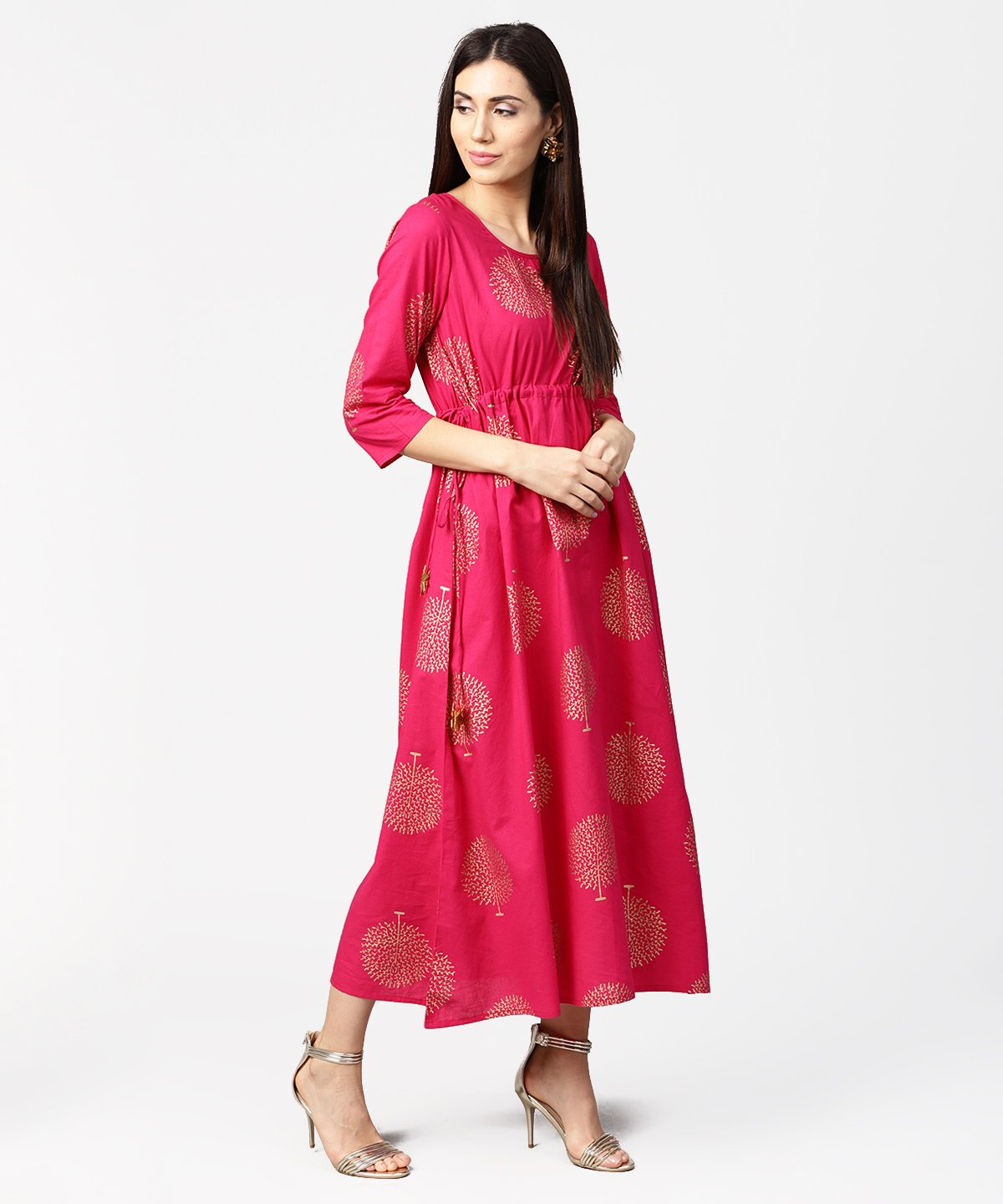 Red 3/4Th Sleeve Cotton Maxi Dress With Elastic At West & Latkan | LASVINI - Redefining Indian Fashion with Elegance