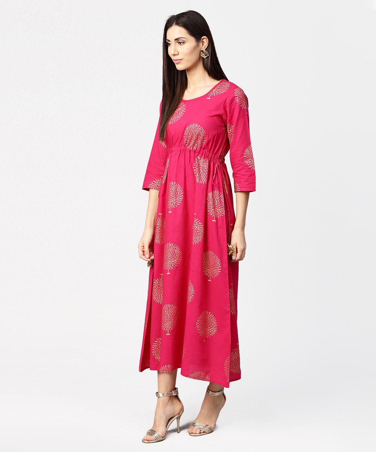 Red 3/4Th Sleeve Cotton Maxi Dress With Elastic At West & Latkan | LASVINI - Redefining Indian Fashion with Elegance