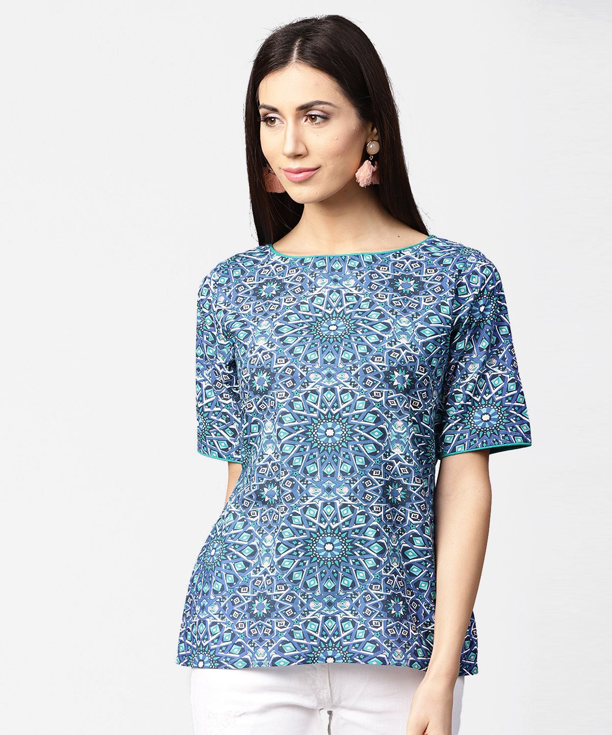 Blue Printed Half Sleeve Cotton Crop Tops | LASVINI - Redefining Indian Fashion with Elegance