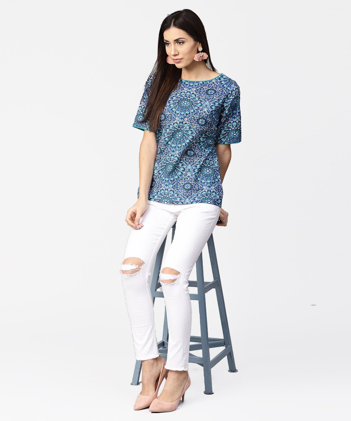 Blue Printed Half Sleeve Cotton Crop Tops | LASVINI - Redefining Indian Fashion with Elegance